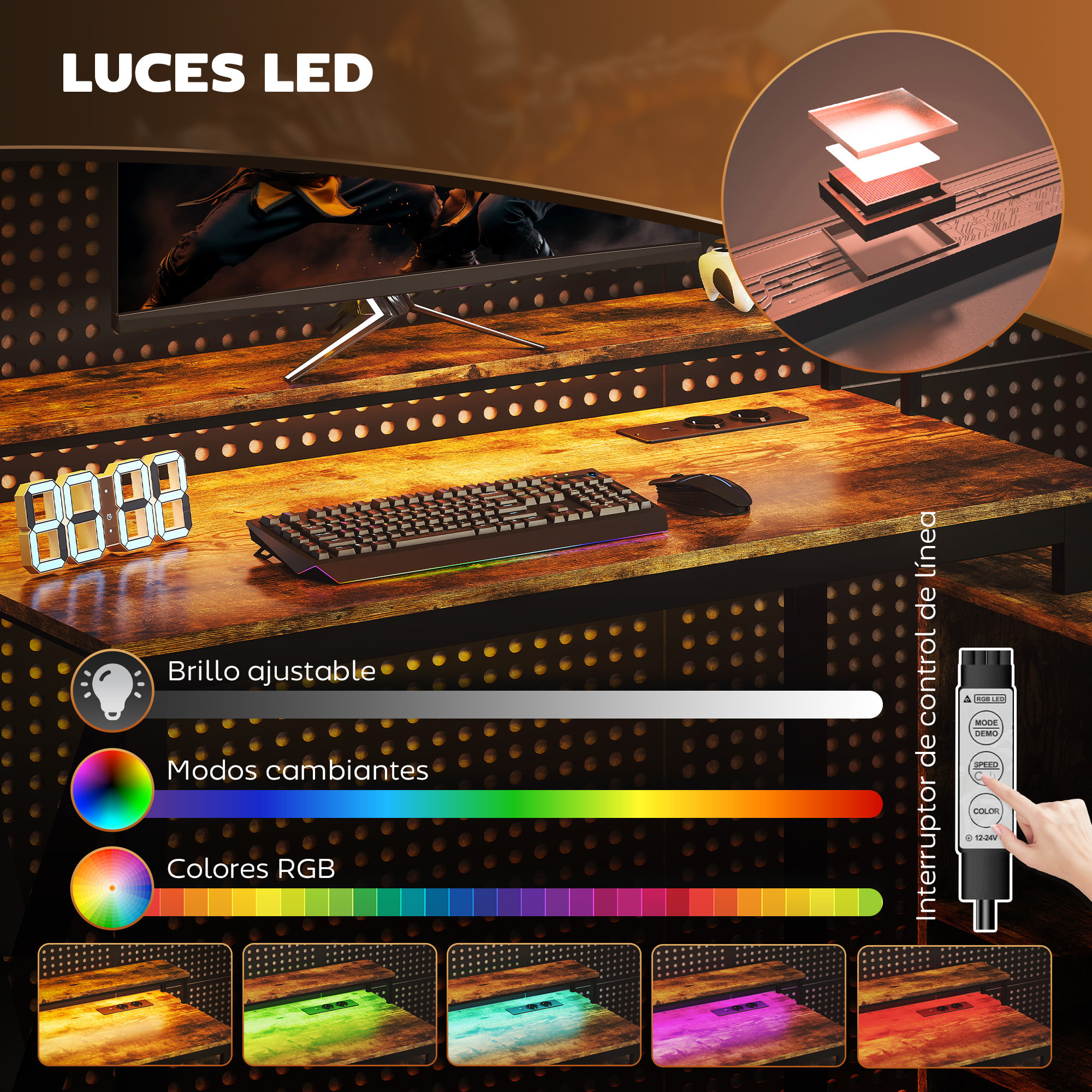 Escritorio Esquinero con Luces LED Escritorio en Forma de L con Estación de Carga 2 Compartimentos 2 Cajones de Tela Soporte para Monitor para Oficina en Casa Marrón Rústico