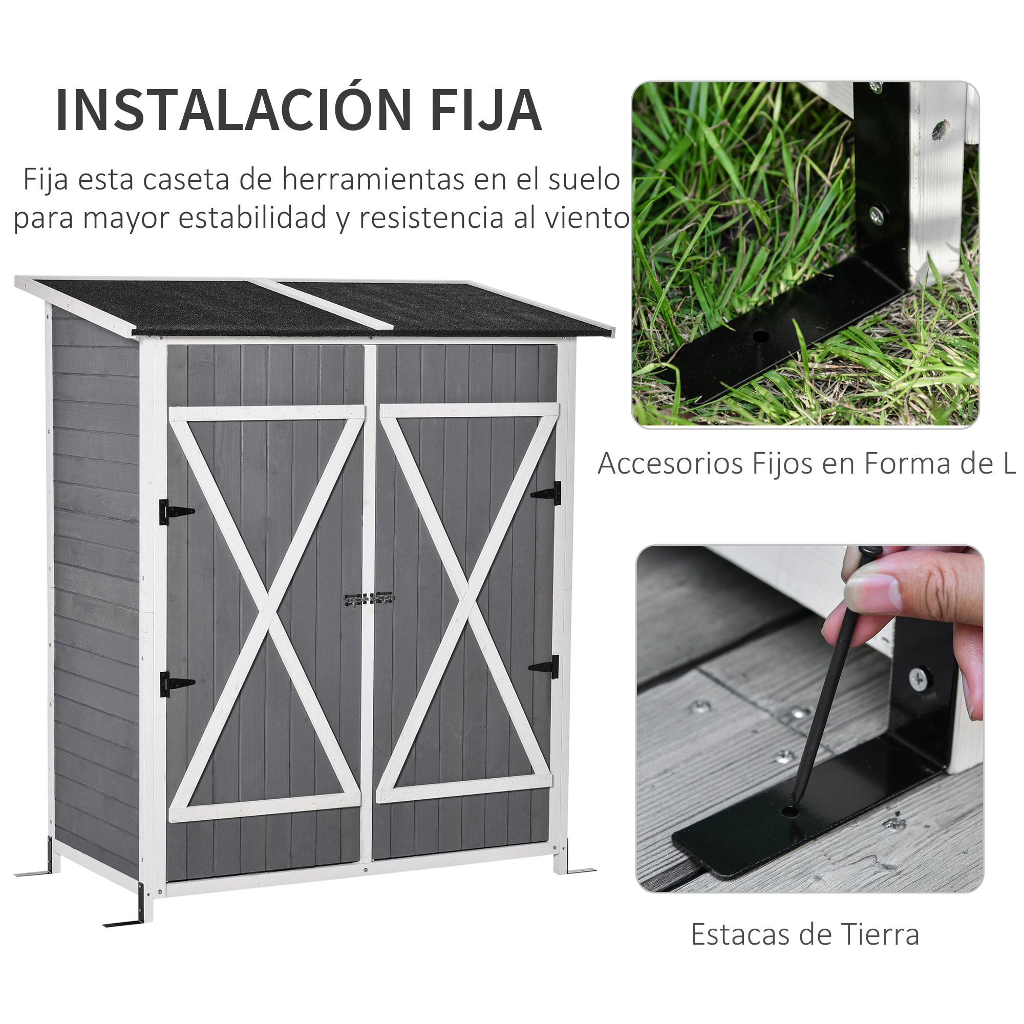 Caseta de Jardín de Madera 139x75x160cm con Estantería Techo Asfáltico Gris