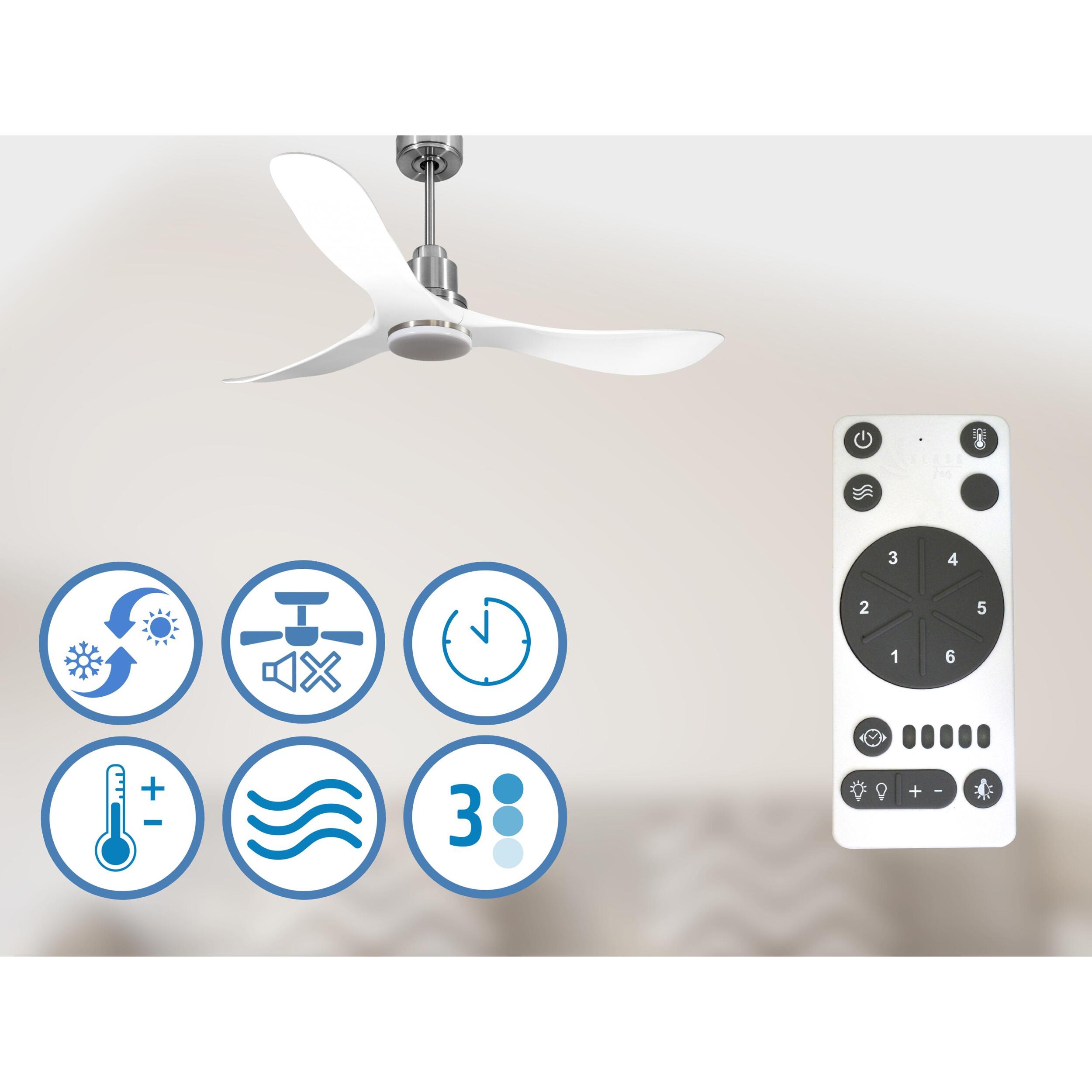 Ventilador de techo Reversible Termostato Dimable Wifi Motor DC Techos Inclinados Mando a Distancia Luz tres tonos Hypersilence Memoria TongaD132C04LED67078 PURLINE