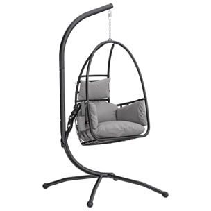 Silla Colgante Huevo con Soporte, Columpio de Jardín Exterior con Cesta Plegable, Reposacabezas, Cojín, Bolsillo Lateral, Columpio Colgante para Interior y Exterior, Carga 120 kg, Gris Oscuro