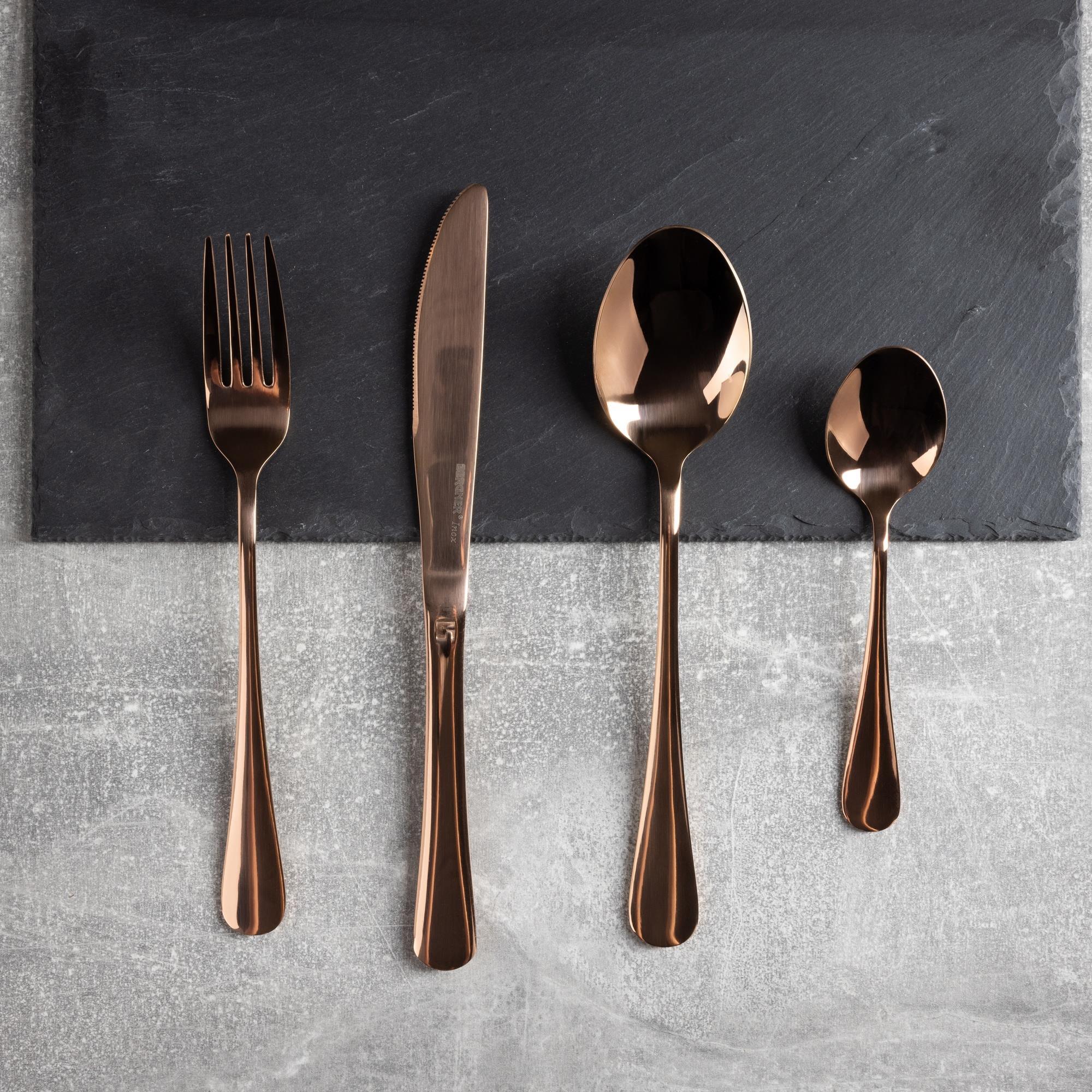 Juego de 16 Pzs de cubertería en acero inoxidable (4 Cucharas + 4 Tenedores + 4 Cuchillos + 4 Cucharillas) color Cobre