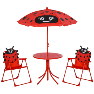 Ensemble salon de jardin enfant 4 pcs design coccinelle - table ronde + 2 chaises pliables + parasol - métal époxy oxford rouge