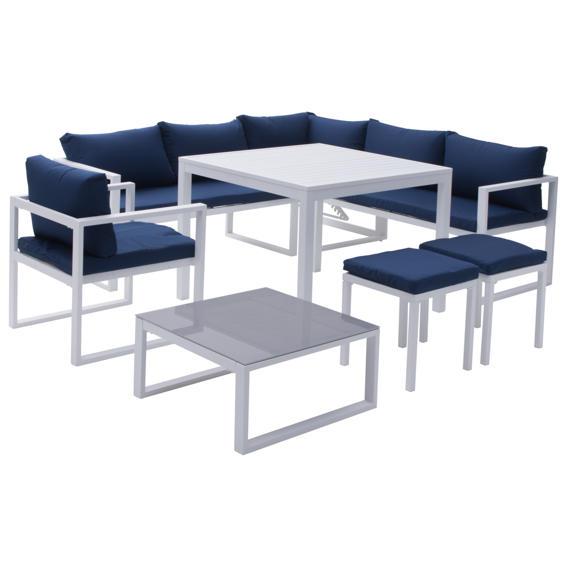Salon de jardin modulable IBIZA en tissu bleu 7 places - aluminium blanc