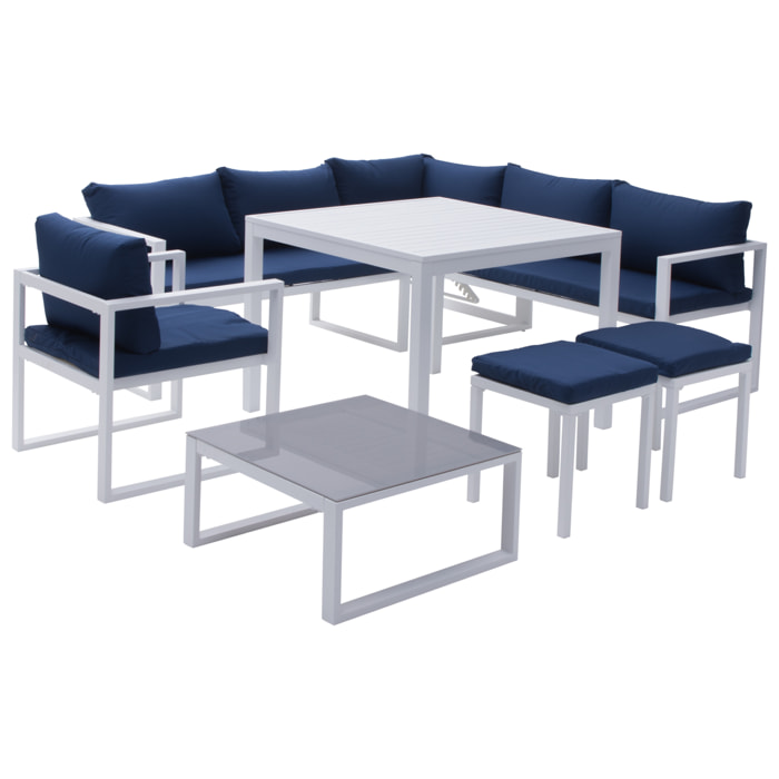 Salon de jardin modulable IBIZA en tissu bleu 7 places - aluminium blanc