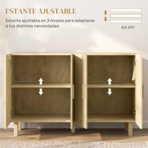 Aparador 4 Puertas de Rejilla de Ratán Aparador para Salón Nórdico con Estantes Ajustables para Comedor Entrada Dormitorio Natural 120x39,5x76 cm