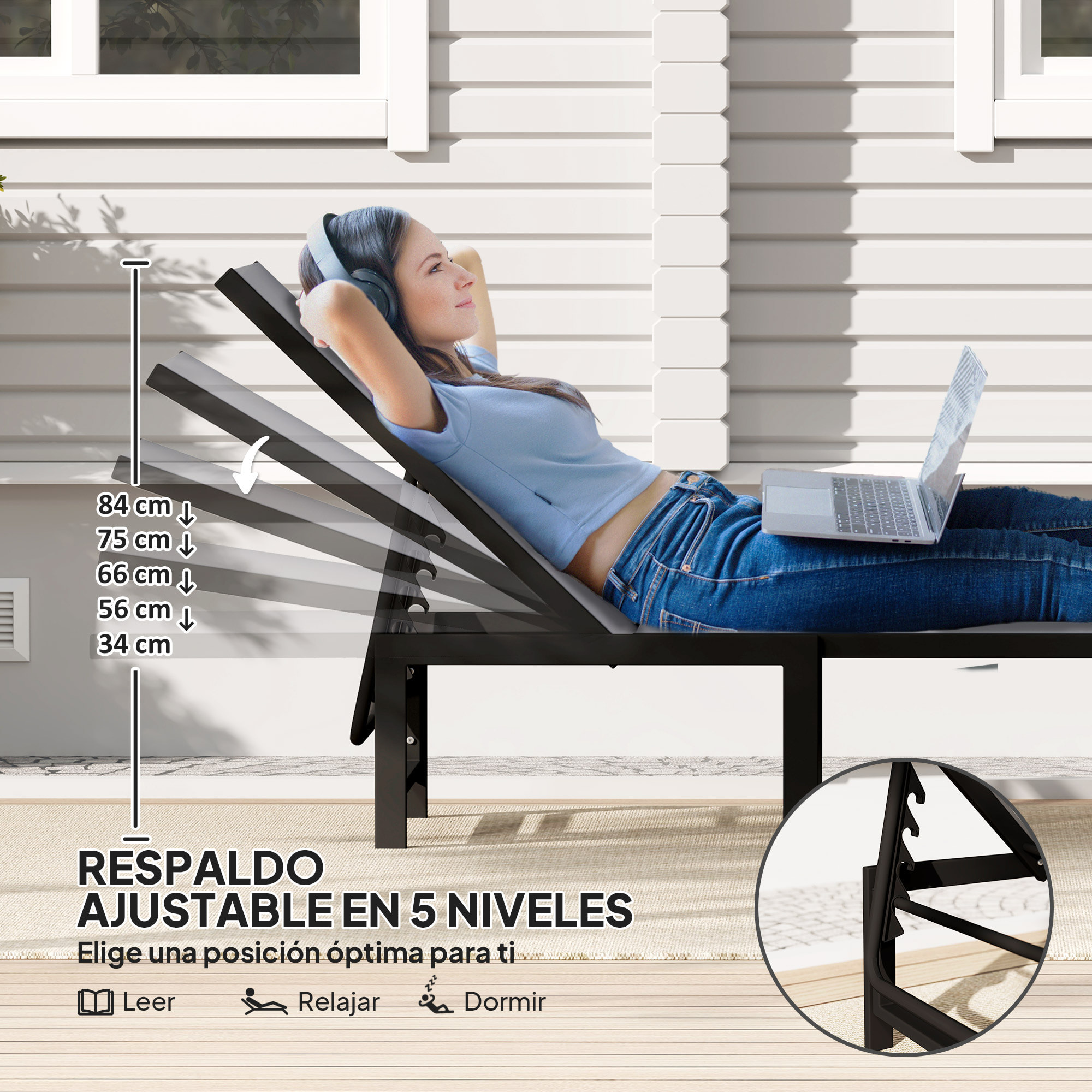 Tumbona Jardín Exterior, Tumbona Reclinable con Respaldo Ajustable en 5 Niveles y Estructura de Acero, Impermeable, Carga 120 kg, para Patio, Terraza, Balcón, 166x60x84 cm, Gris