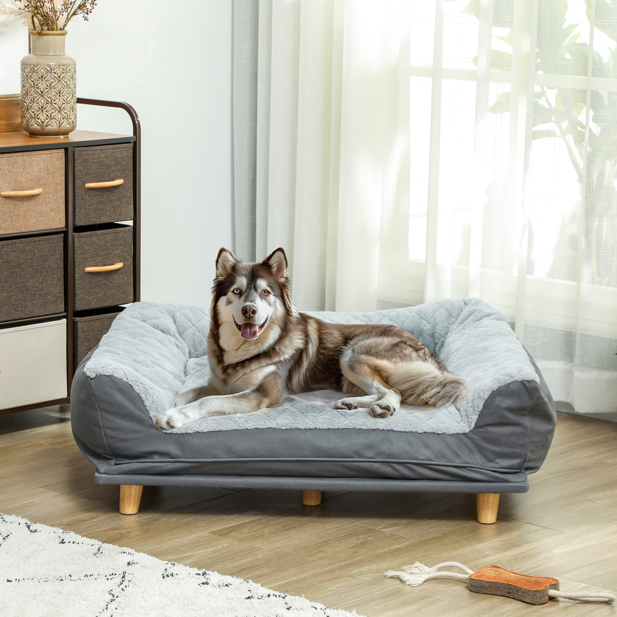 Canapé pour chien grande taille dim. 100L x 70l x 30H cm - housse zippée lavable - bois polyester gris