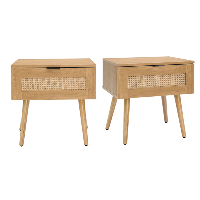Tables de chevet finition bois clair, cannage rotin et métal noir L50 cm (lot de 2) MANILLE