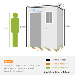 Caseta de Jardín Exterior, 1,14 m², 151x92x193 cm, Cobertizo de Jardín Exterior Metálico con Suelo, Puerta Corredera, Ventana y Techo Inclinado, para Almacenamiento de Herramientas, Gris