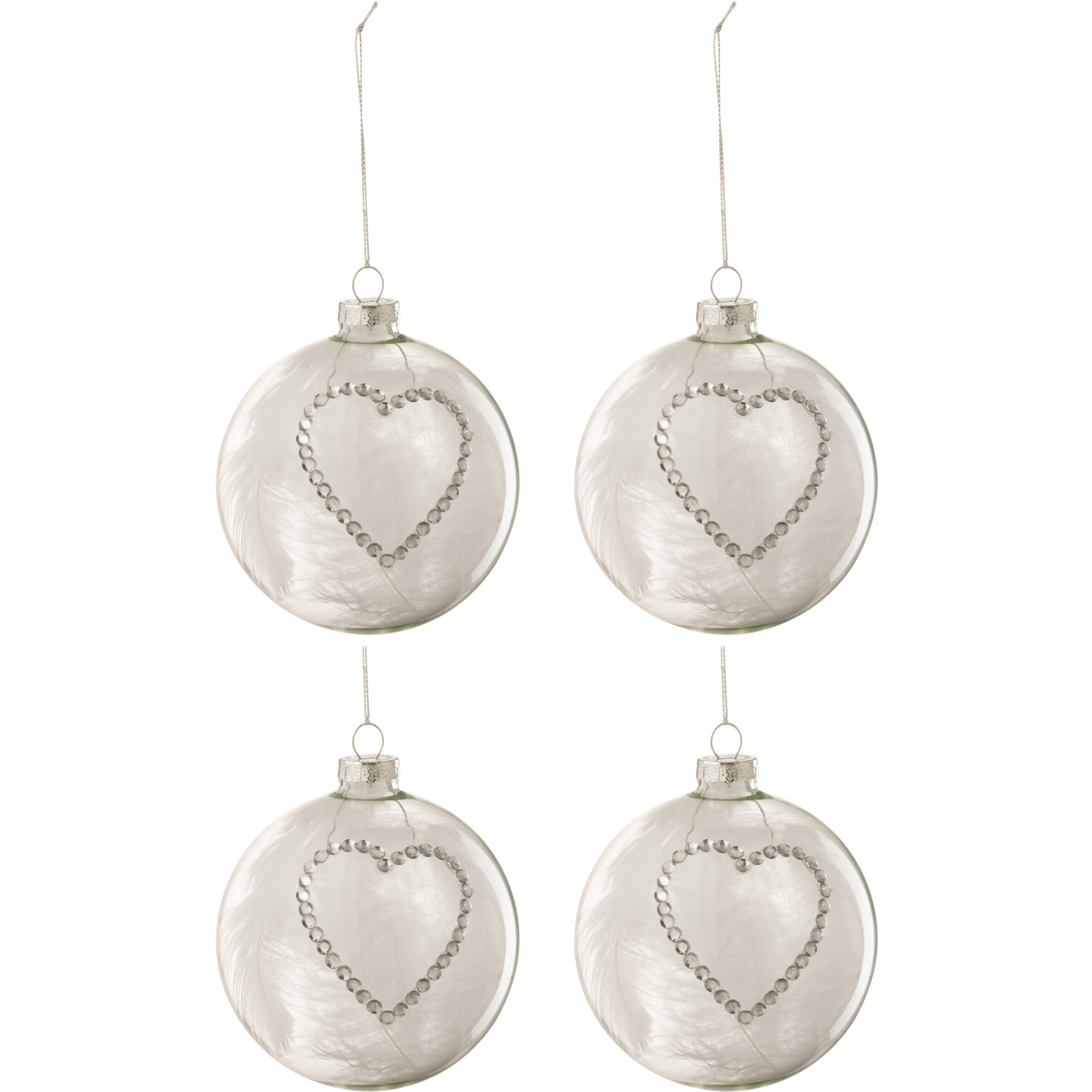 J-Line boule De Noël Coeur Strass - verre/plumes - argent/blanc/transparent - medium - boîte de 4