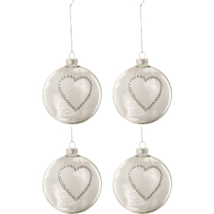 J-Line boule De Noël Coeur Strass - verre/plumes - argent/blanc/transparent - medium - boîte de 4