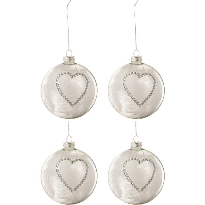 J-Line boule De Noël Coeur Strass - verre/plumes - argent/blanc/transparent - medium - boîte de 4