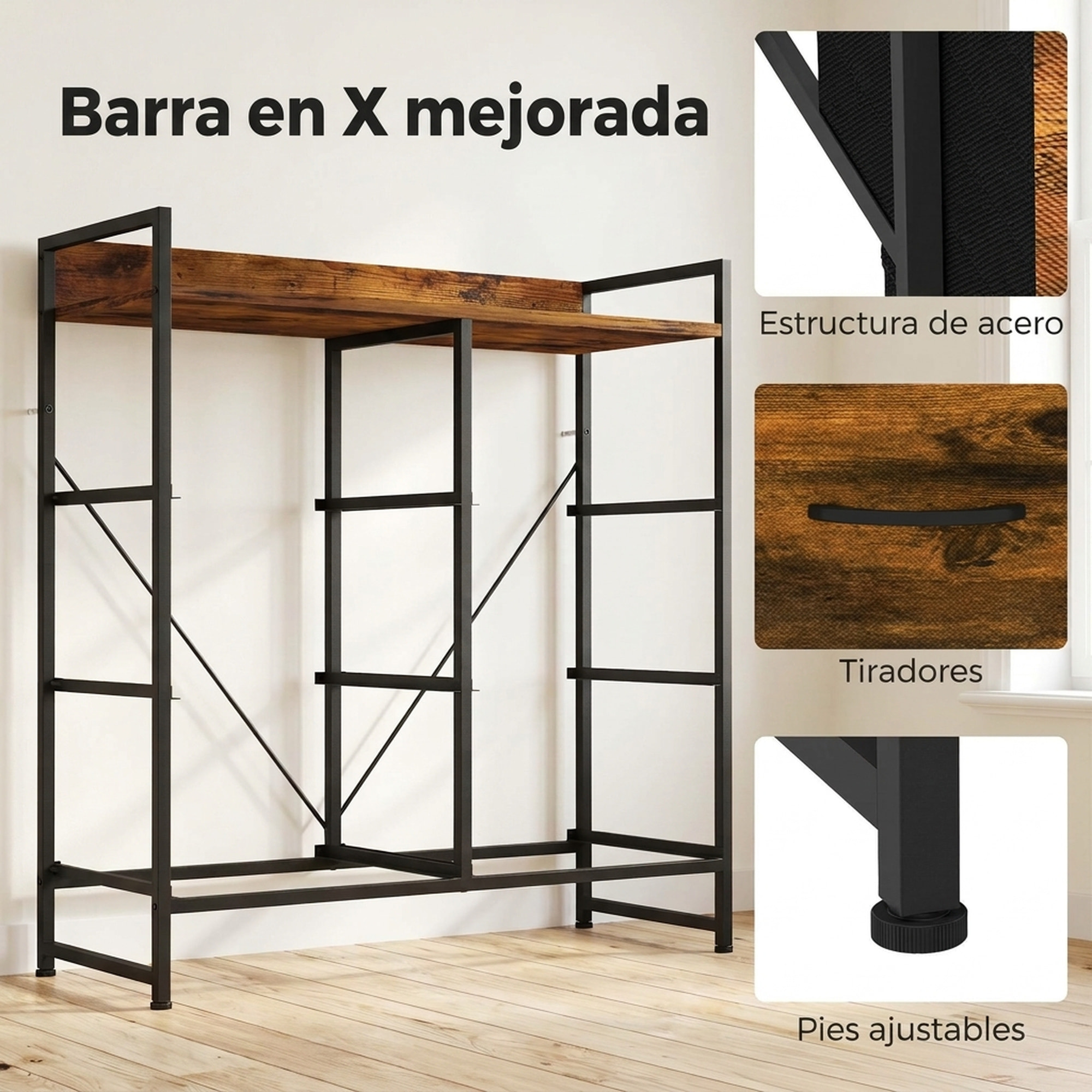 Cómoda con 6 Cajones de Tela Plegables, Cómoda para Dormitorio Industrial con Estante Abierto, Marco de Acero, Cajonera para Espacios Pequeños, Sala de Estar, Vestidor, Baño, Marrón Rústico