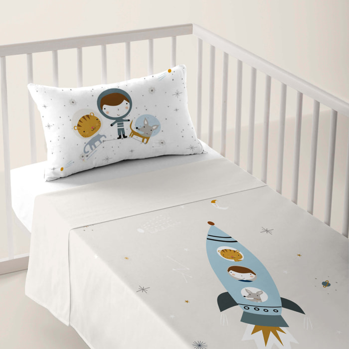 Juego de Sábanas Estampadas - Infantil - Incluye 1 Funda de Almohada - 100% Algodón - Cuna/Maxicuna - Viaje Espacial A