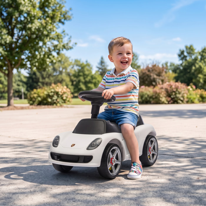 Correpasillos para Bebés de 18 a 36 Meses, Licencia de Porsche, Coche sin Pedales con 2 Faros, Bocina, Sonido de Arranque, para Interior y Exterior, 63x28,5x38 cm, Blanco