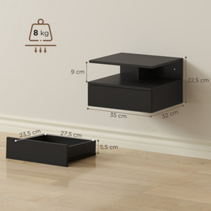 Juego de 2 Mesitas de Noche Flotantes con Cajón, Mesillas de Noche Dormitorio, Montado en la Pared, Estilo Moderno, para Sala de Estar, 35x32x22,5 cm, Negro