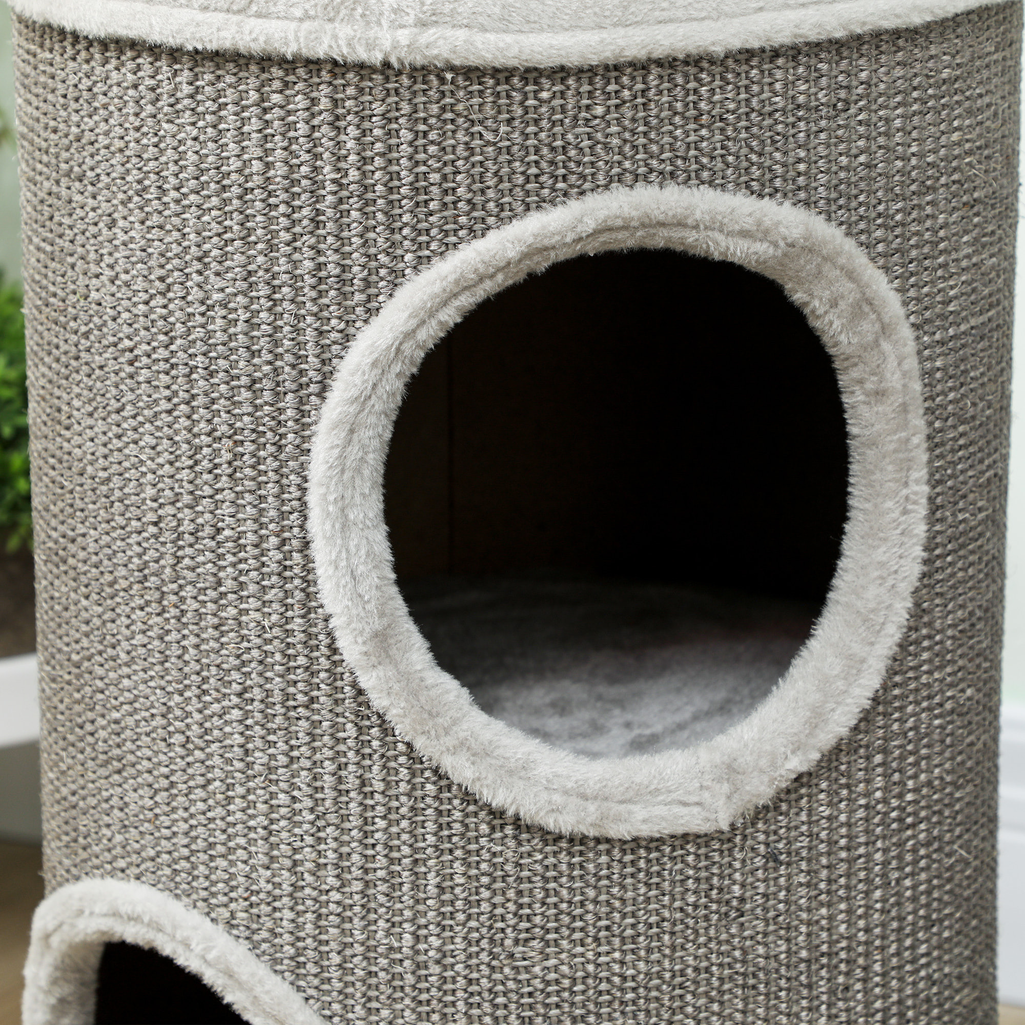 Arbre à chat cylindrique - tour à griffer pour chat - tonneau griffoir - 2 niches + plateforme - sisal peluche gris