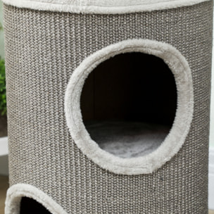 Arbre à chat cylindrique - tour à griffer pour chat - tonneau griffoir - 2 niches + plateforme - sisal peluche gris