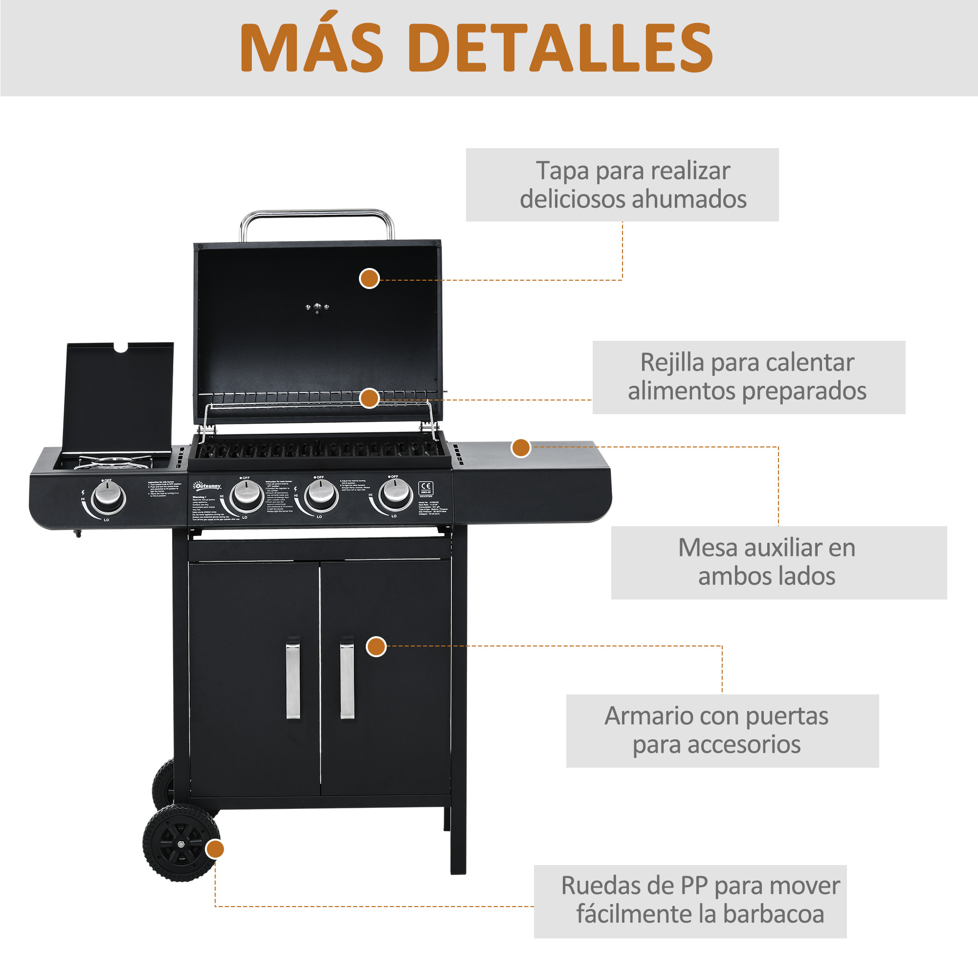 Barbacoa de Gas BBQ con Ruedas Parrilla 3+1 Quemadores 11,6 KW 2 Mesas Laterales