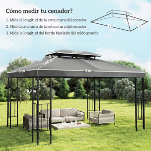 Techo de Repuesto para Cenador, 4x3 m, Cubierta de Repuesto con Techo Doble, 10 Orificios de Drenaje y Protección UV, SOLO Toldo de Recambio para Pabellón Gazebo, Gris