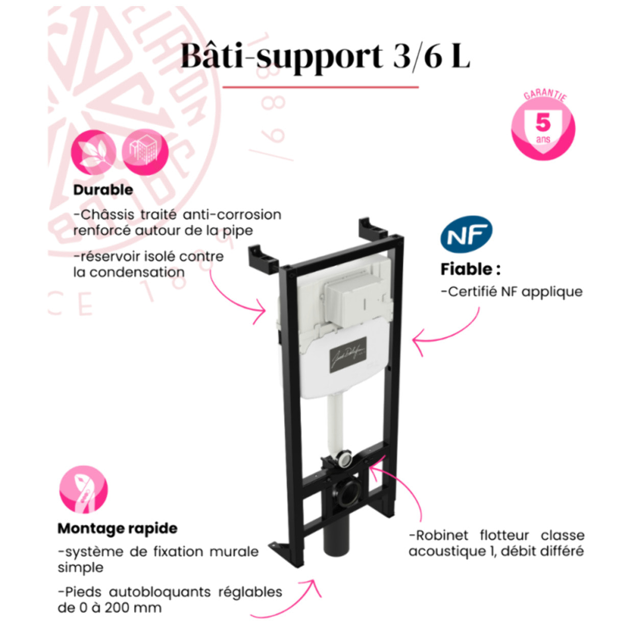Pack WC suspendu sans bride Odéon Rive Gauche + bâti support + plaque chromée