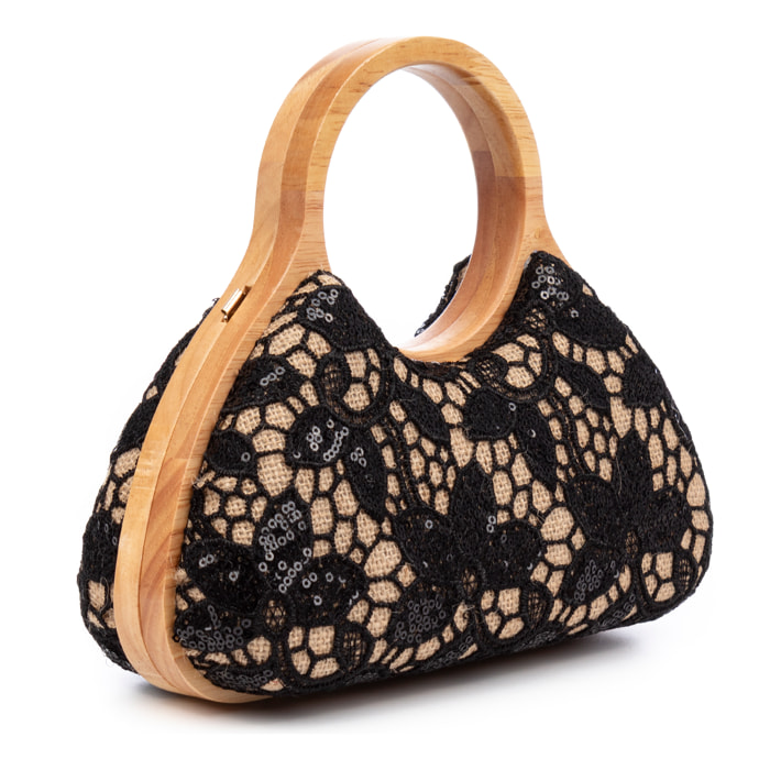 Avisio borsa a mano realizzata in legno naturale, cotone e juta con design in rete di tessuto floreale
