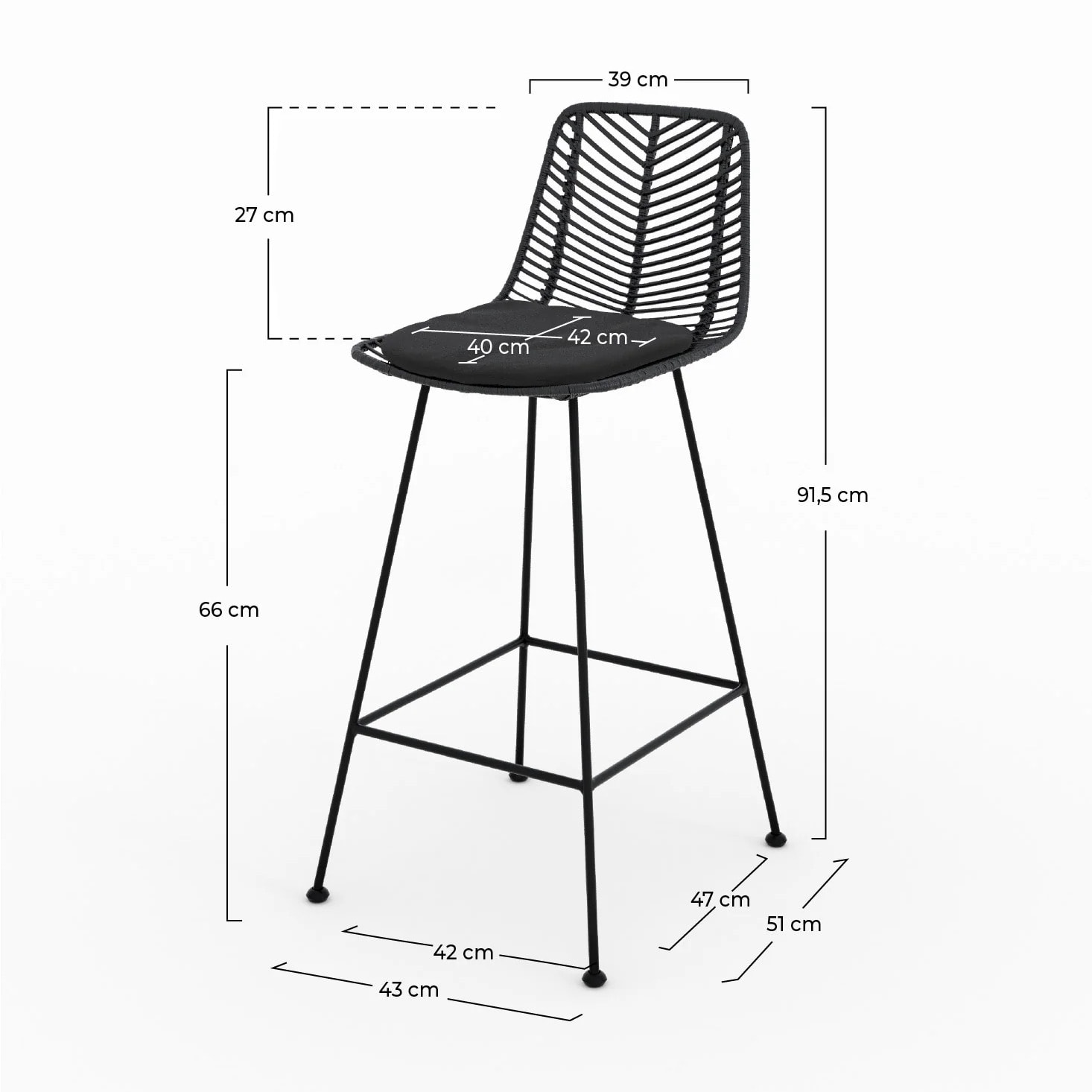 Lot de 2 chaises pour îlot central 66 cm en rotin noir - Tamara