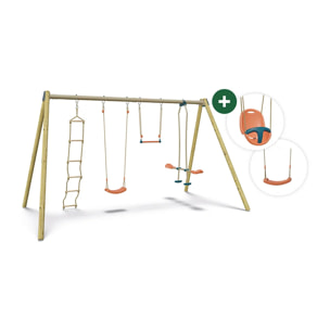 Balançoire double avec face à face, trapèze, siège bébé et échelle de corde - Techwood Harmonie MANOU 2 - Aléo by Trigano