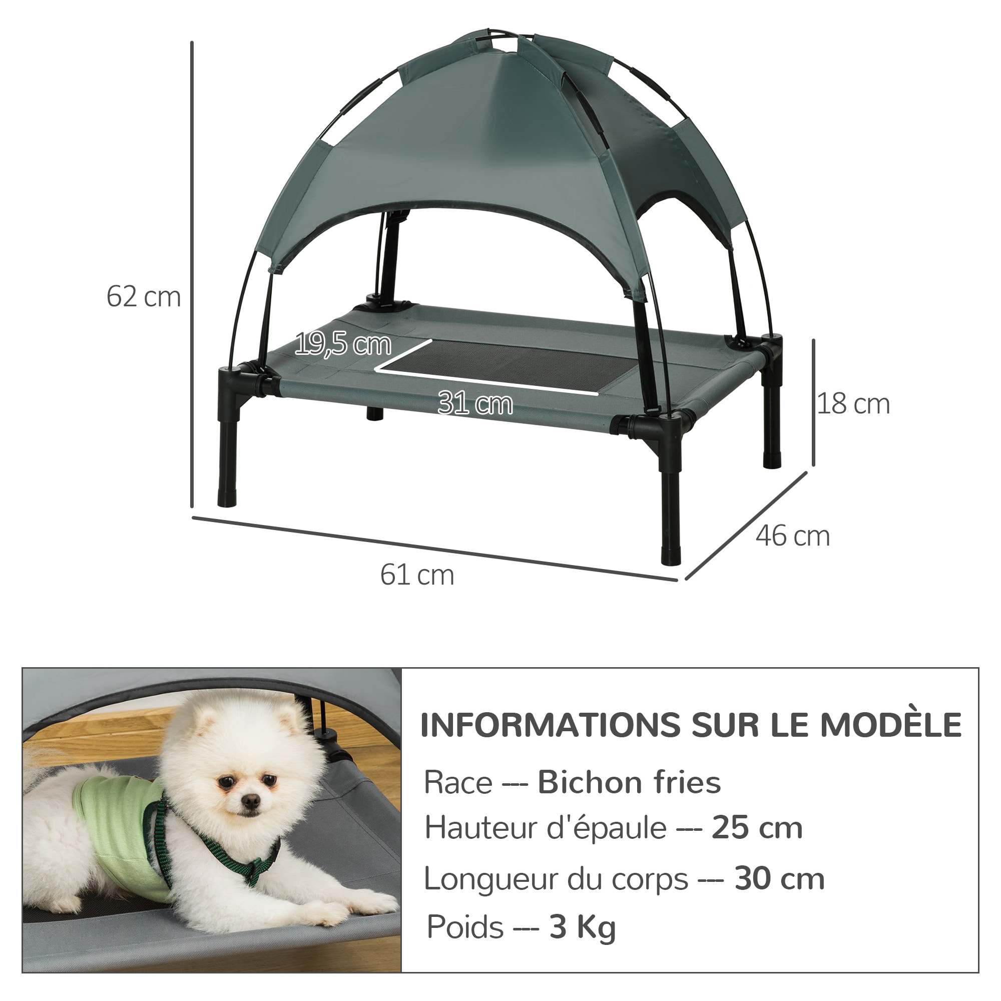Lit pour chien chat sur pieds + parasol + sac de transport