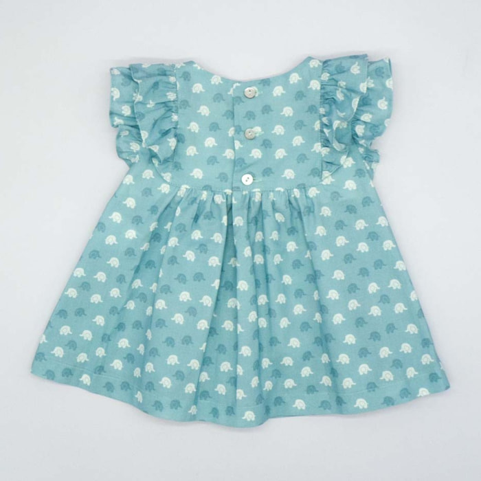 VESTIDO VOLANTES ELEFANTES AZUL Y BLANCO