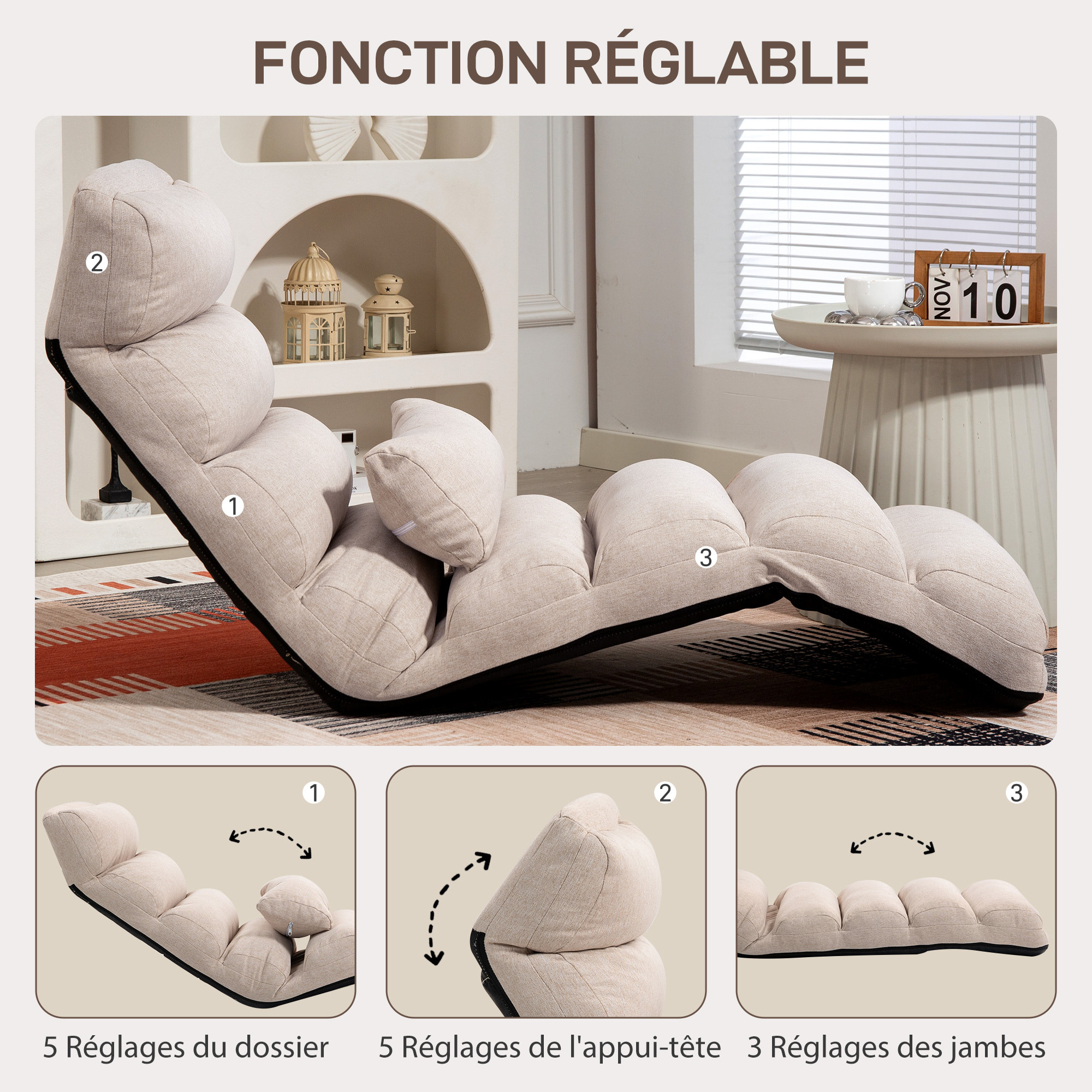 Fauteuil convertible paresseux grand confort réglable tissu toucher lin beige