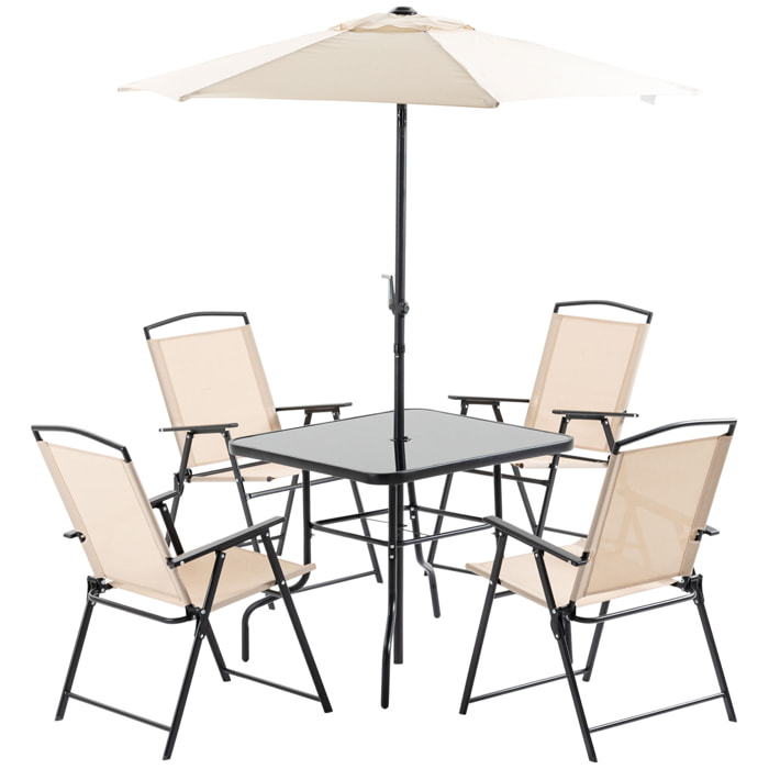 Outsunny Conjunto Muebles Jardín con 4 Sillas Plegables Mesa y Sombrilla Beige