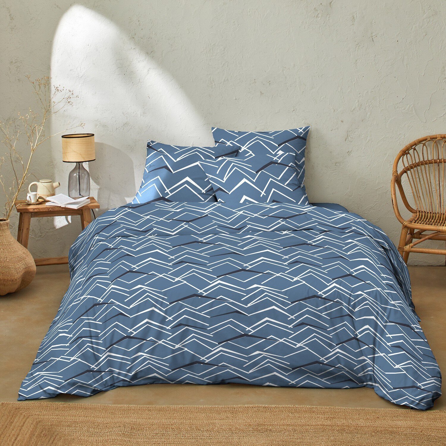 Parure de couette 100% coton 57 fils à motifs - bleu