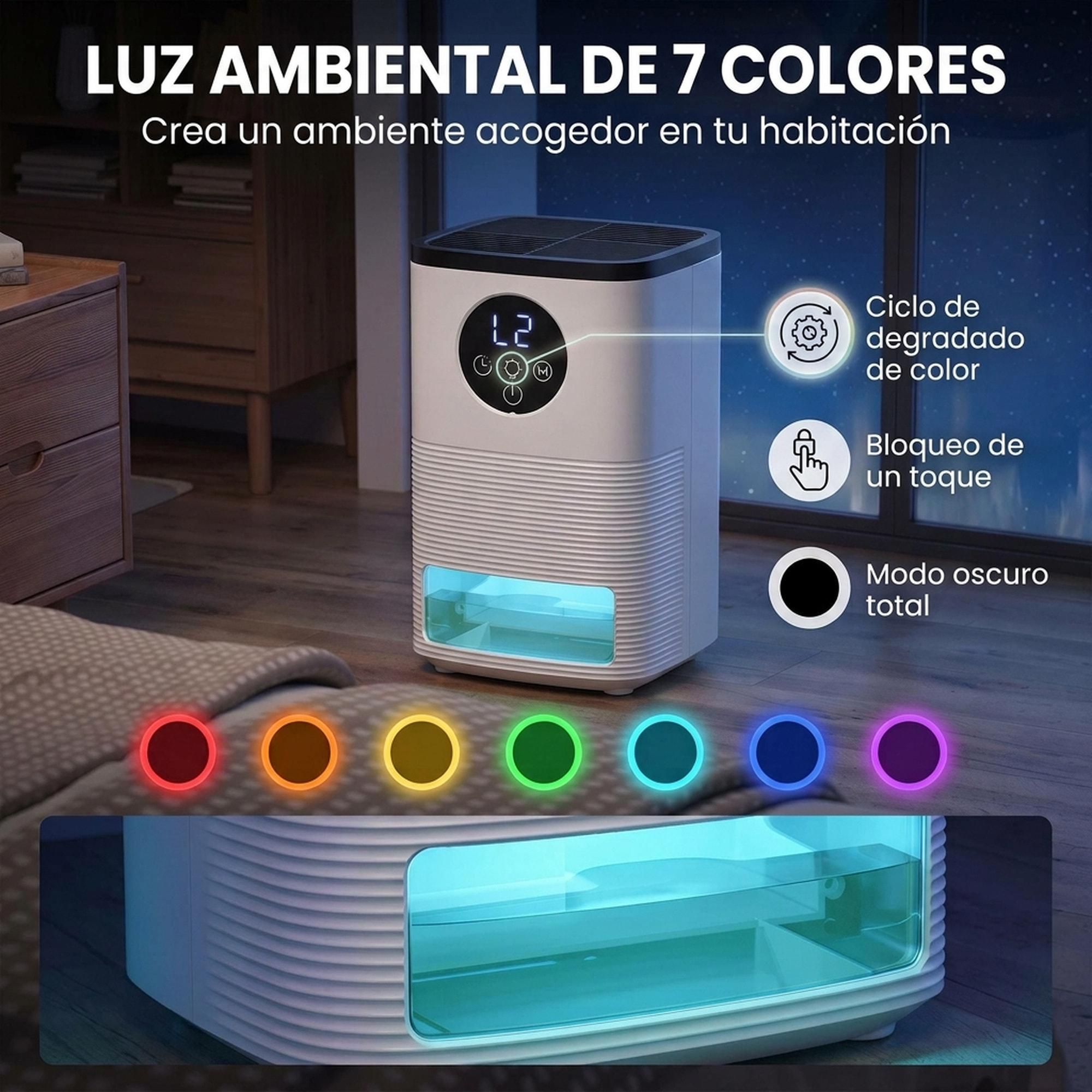HOMCOM Deshumidificador 0,3L/Día, Deshumidificador de Humedad Pequeño Silencioso, para 15 ㎡, Luz RGB, Depósito 1,4 Litros, Temporizador de 24H, Pantalla LED, Secado Ropa, para Dormitorio, Baño, Blanco