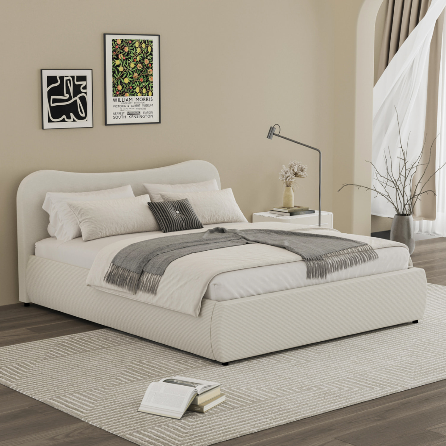 MILANO Lit coffre 160x200cm design arrondi velours côtelé beige