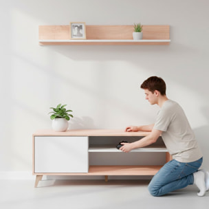 Mobile TV Con Mensola Parete Attrezzata In Stile Nordico Da 135 Cm Con Anta Push E Vani Multimediali Mobile Porta TV 135 x 50 x 40 Cm Rovere E bianco