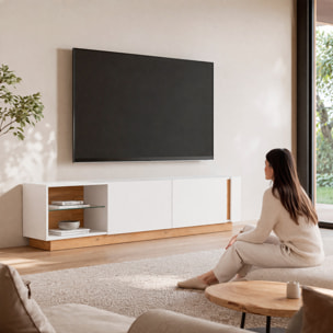 Porta TV Mobile Soggiorno Mobiletto Moderno Con Anta A gola E Vano Con Ripiano In Vetro Salvaspazio 45.5 x 40 x 187.5 Cm Bianco Lucido E Rovere