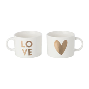 J-Line assortiment de 2 mugs Love/Coeur - porcelaine - blanc/doré