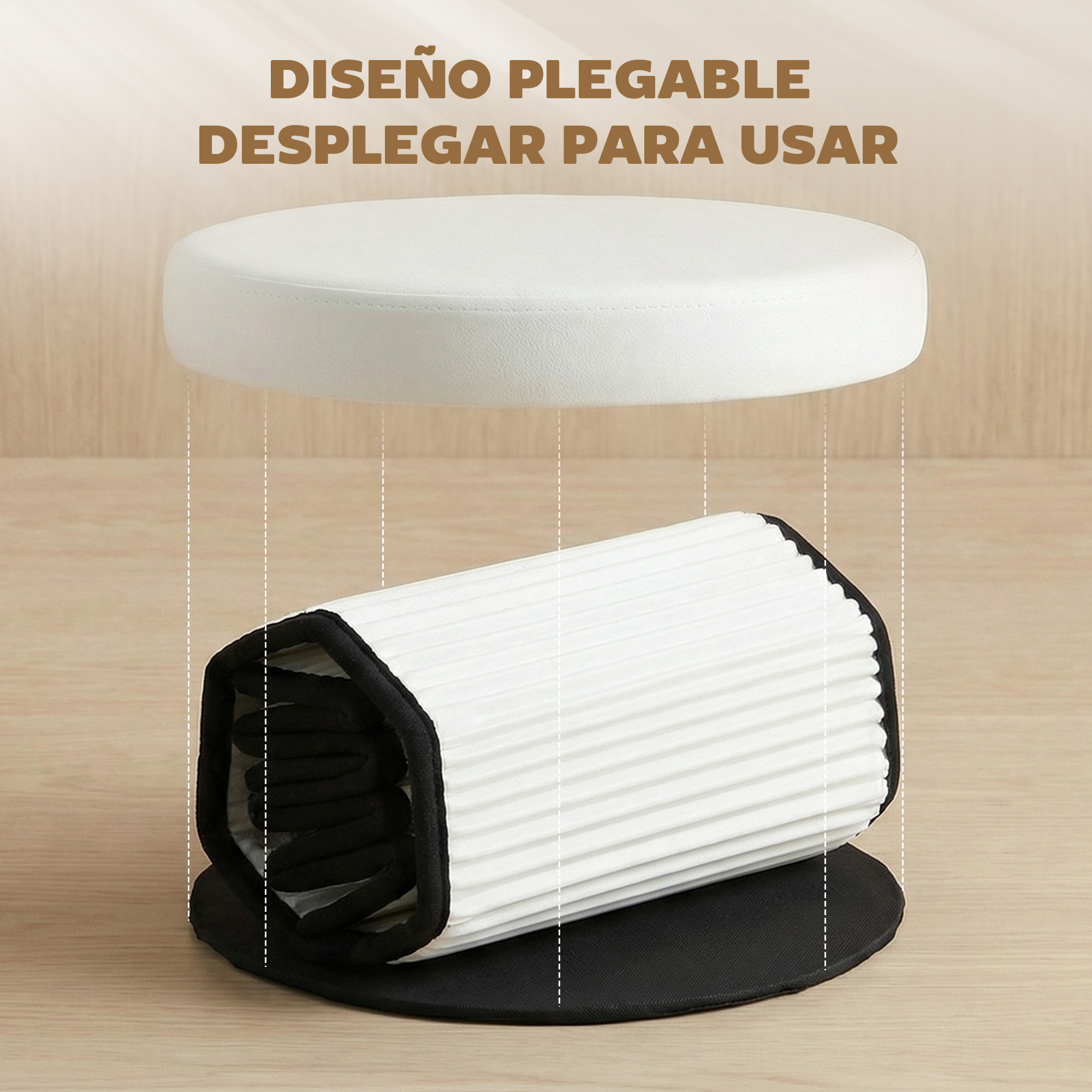 Puff Almacenaje, Banco Almacenaje Plegable, 35 L, 38x38x38 cm, Tapizado en Terciopelo, Baúl de Almacenamiento Redondo, Carga 120 kg, Taburete para Sala de Estar, Dormitorio, Entrada, Crema