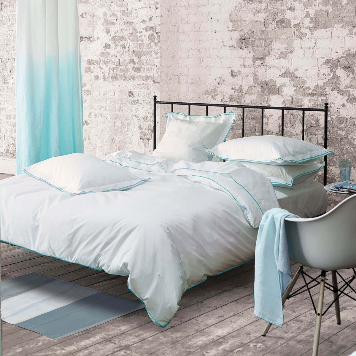 Housse de couette unie en percale de coton, ASTOR, Bleu Nuit/Turquoise