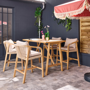 Table haute de jardin bois d'acacia + 4 assises Paloma et Zahara naturel 150 x 81 x 100 cm