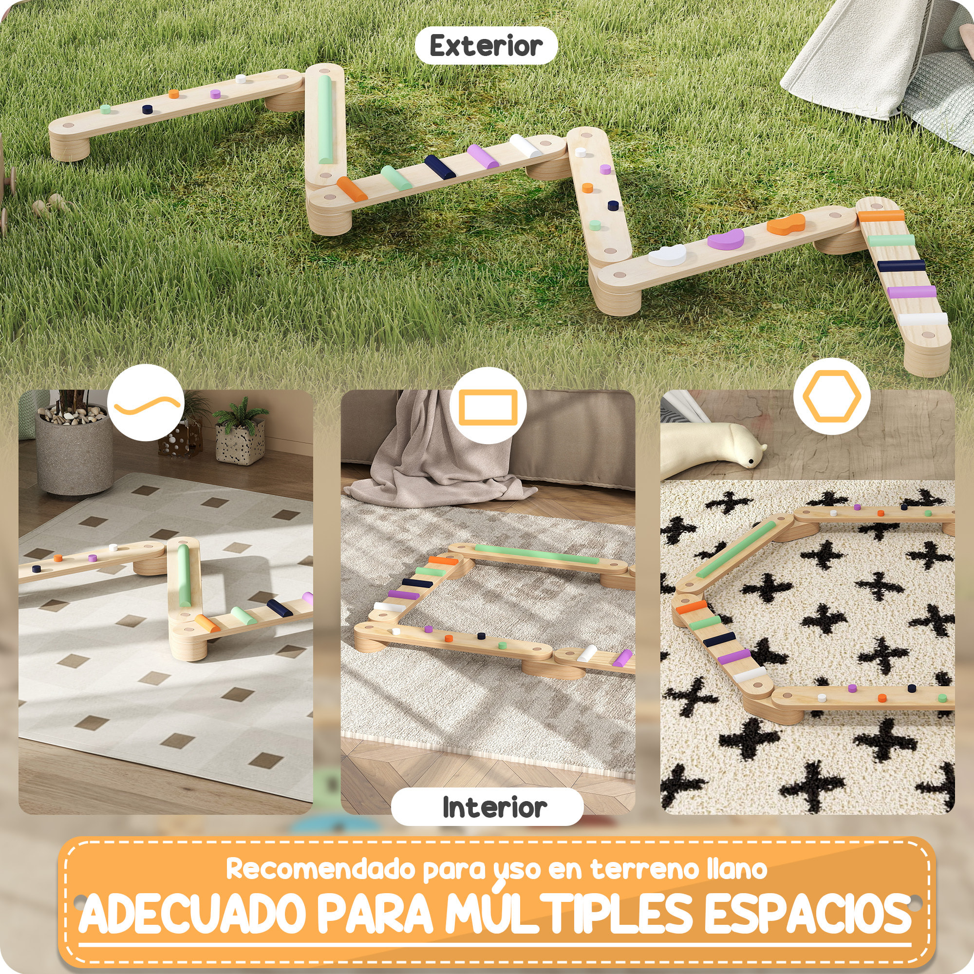 Juego de Viga de Equilibrio de Madera para Niños de +3 Años Barra de Equilibrio Infantil para Entrenamiento de Equilibrio en Interiores y Exteriores Multicolor