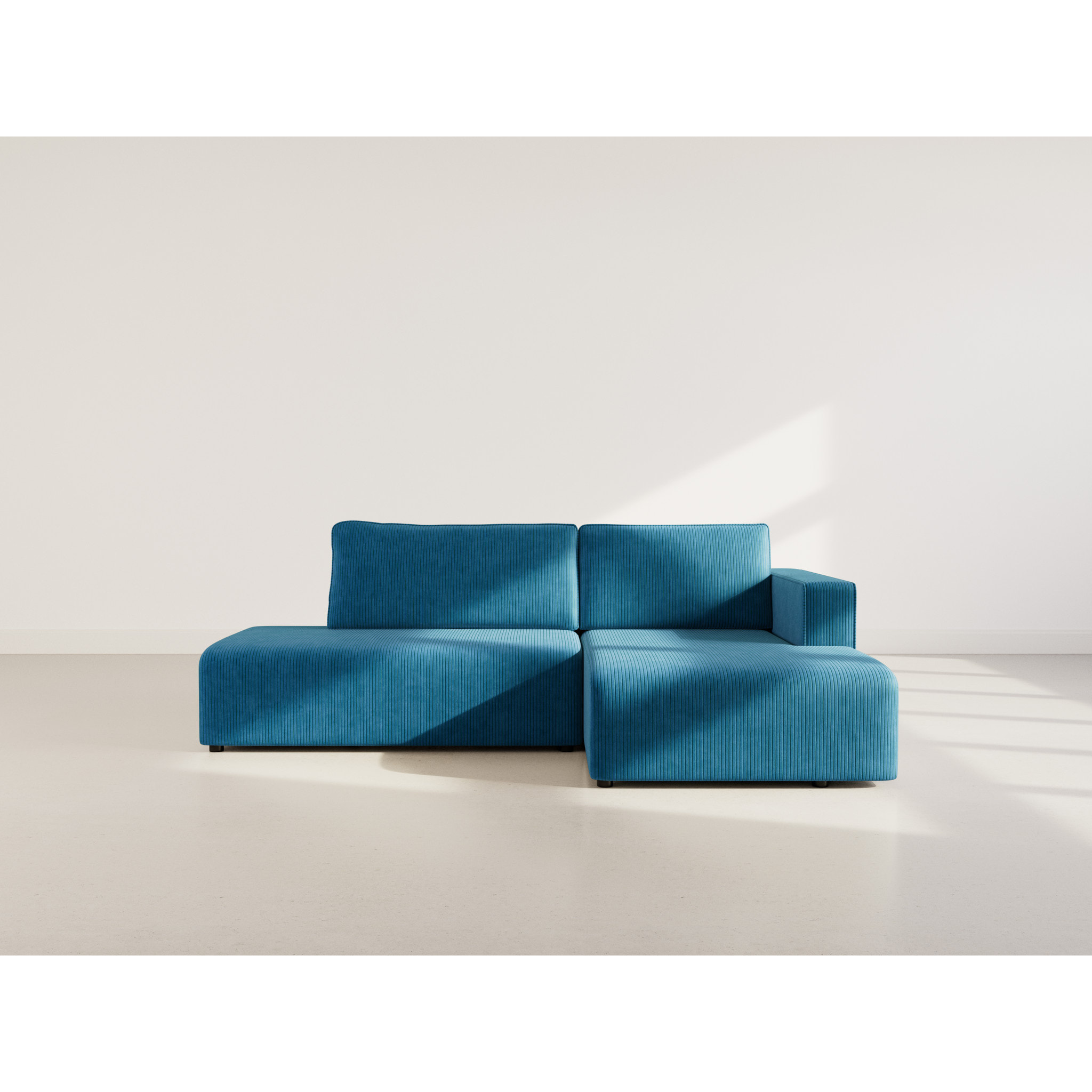 Topaze - canapé d'angle droit 4 places convertible avec coffre en velours côtelé - Bleu