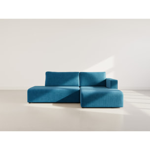 Topaze - canapé d'angle droit 4 places convertible avec coffre en velours côtelé - Bleu