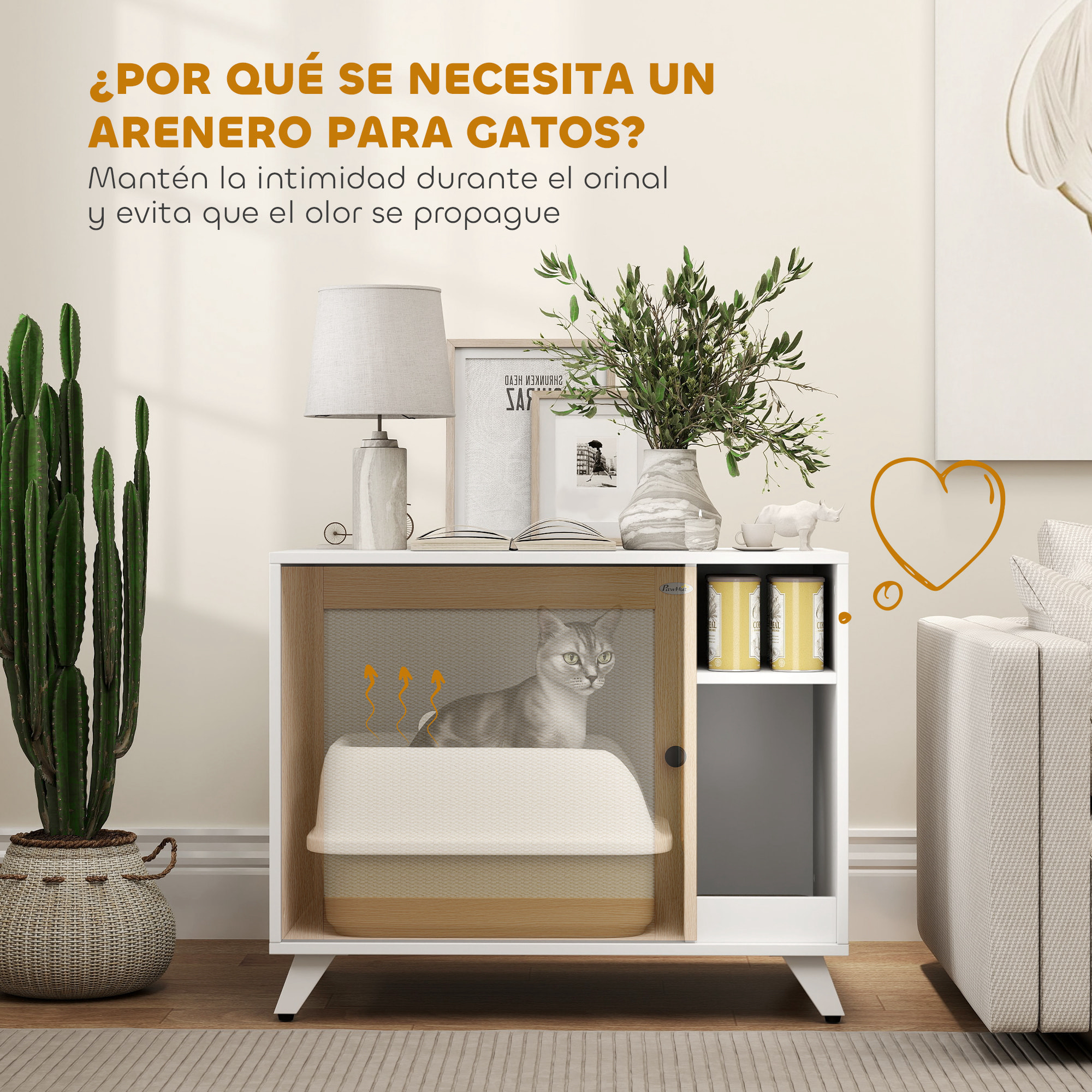 Mueble Arenero para Gatos Caja de Arena para Gatos con Puerta con Almohadilla para Rascar y Compartimento Arenero para Gatos para Salón Dormitorio 77x50x63 cm Blanco