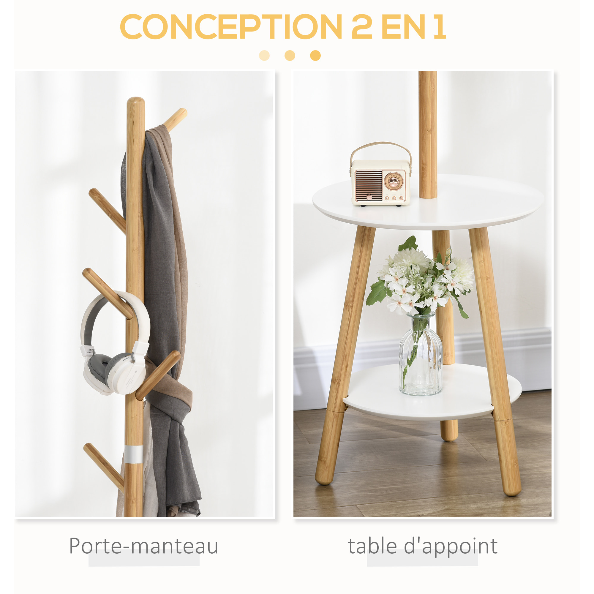 Porte-manteau design scandinave branches 5 patères 2 étagères MDF blanc bois bambou verni