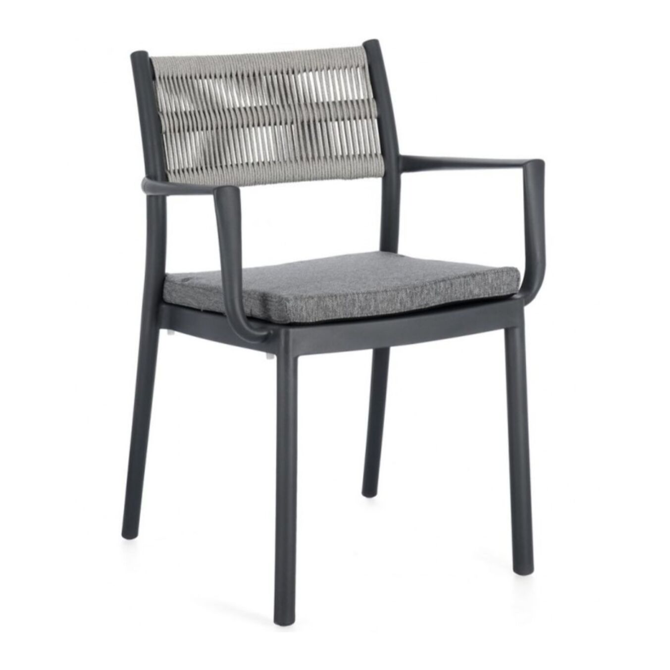 Set di 4 sedie ALVIN in polipropilene antracite e corda intrecciata grigio chiaro, con braccioli