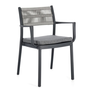 Set di 4 sedie ALVIN in polipropilene antracite e corda intrecciata grigio chiaro, con braccioli