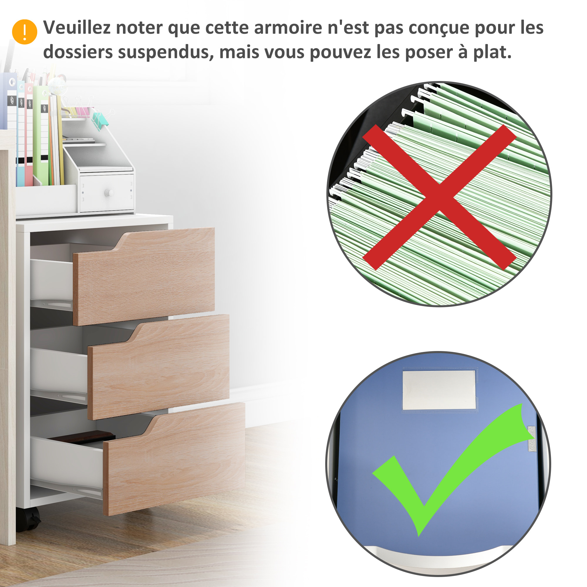 Caisson bureau mobile avec 3 tiroirs, meuble rangement bureau sur roulettes pour documents et imprimante, 40x50x57,5cm, blanc et aspect bois