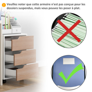 Caisson bureau mobile avec 3 tiroirs, meuble rangement bureau sur roulettes pour documents et imprimante, 40x50x57,5cm, blanc et aspect bois